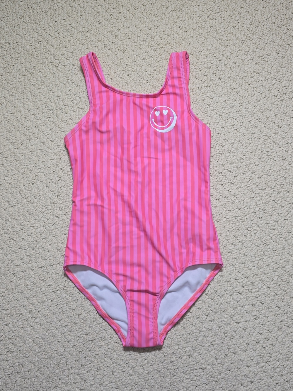 Joe Fresh Girls SMALL Pink Striped One-Piece Swimsuit with Heart Smile Patch